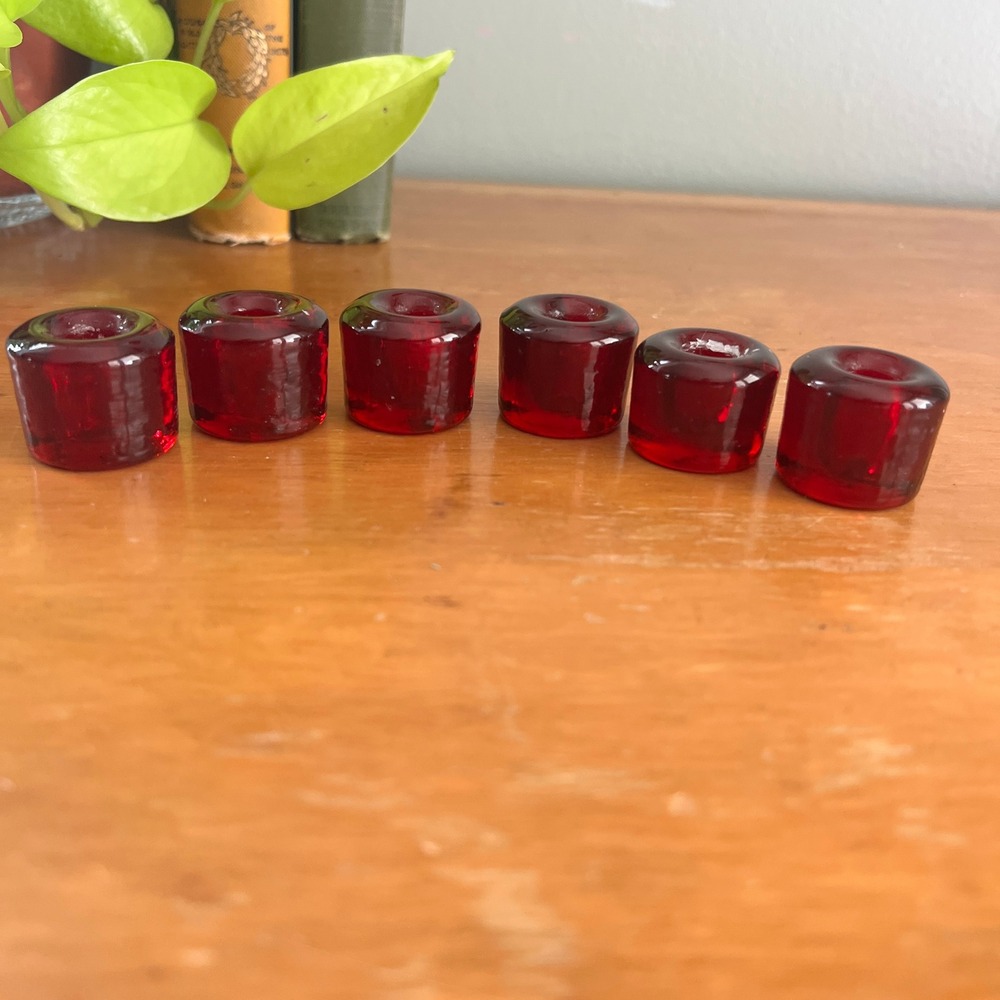 Set of 6 Ruby Red Glass Chime Candle Holders Small Round Spell Candle Base